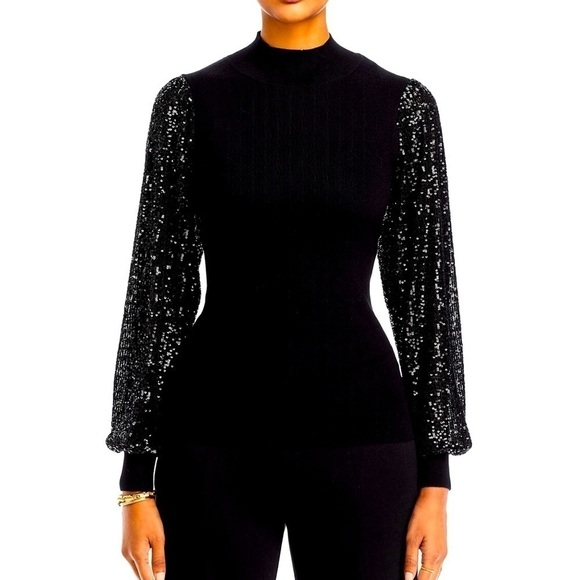 Tahari black mock neck top with sequin sleeves. Hand Washable. Size M. NWT. - Picture 1 of 9